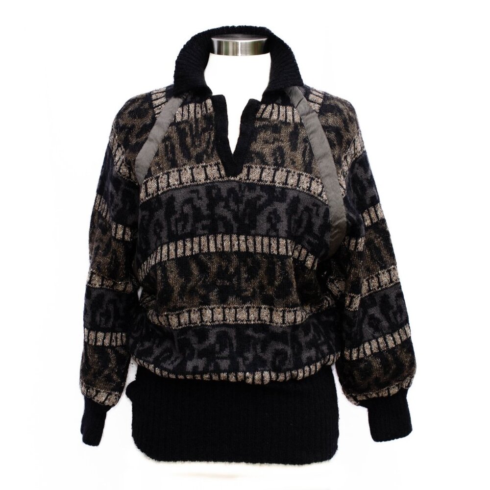 Vtg Escada Mohair Wool Pullover Sweater Black Gray Beige Dolman Sleeve W. German